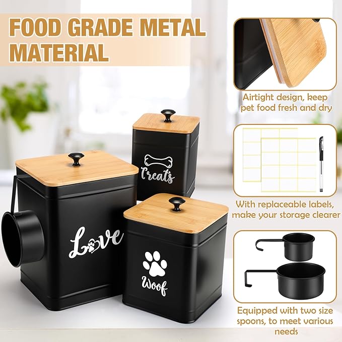 Jingmore Metal Dog Treat Containers Set of 3 with Bamboo Lids and Spoon Airtight 7+3+2 lbs Dog Food Snack Jars with DIY Labels Big Pet Cookie Storage Jar for Kitchen Counter(Black,Classic)