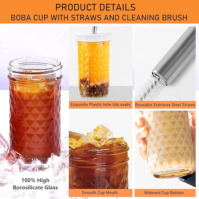 2 Pcs 24oz Glass Cups Set, Mason Jar Drinking Glasses with Lids and Straws & 2 Airtight Lids, Cute Reusable Smoothie cups, Iced Coffee Cups, Travel Tumbler for Bubble Tea, Juice, Gift