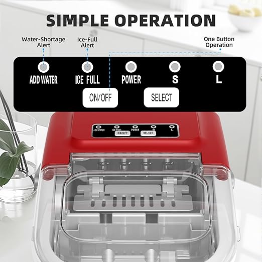 Antarctic Star Ice Maker Countertop, 8 Bullet Ice Cubes in 6 Mins, 26.5 lbs/Day, Self-Cleaning, 2 Sizes, Ultra-Quiet for Home/Kitchen/Camping/RV RED