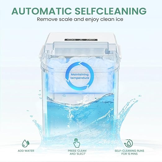 NEWBULIG Ice Makers Countertop with Handle, Portable Ice Machine, 9 Bullet Ice Cubes in 6 Mins, 26lbs in 24Hrs, Auto-Cleaning, with Basket and Scoop, for Home, Kitchen, RV, Camping,Light White
