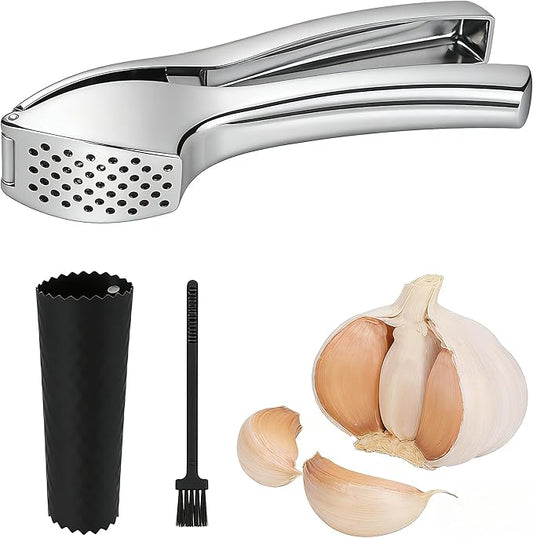 Garlic Press, Stainless Steel Garlic Crusher with Soft Ergonomic Handle, Rust-Proof Garlic Mincer Tool, Dishwasher Safe, Includes Silicone Garlic Peeler & Cleaning Brush
