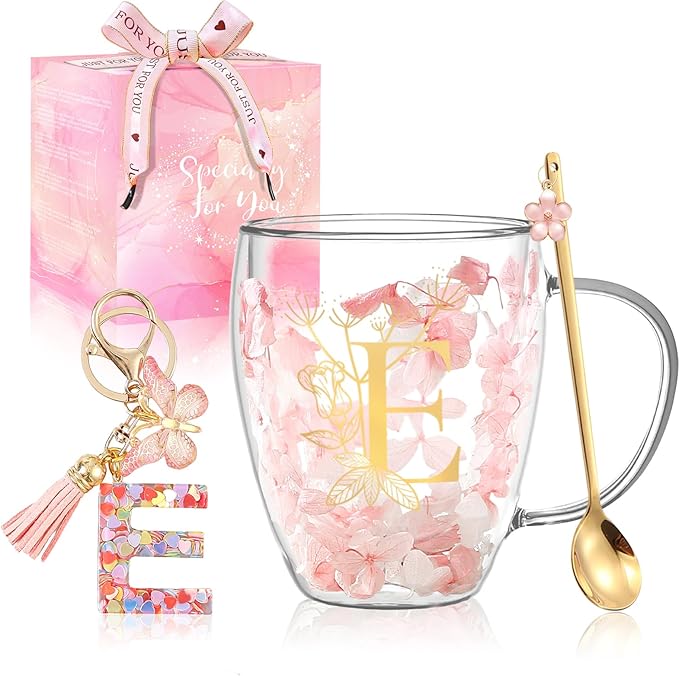 Personalized Gifts for Women Double Wall Glass Flower Coffee Mug Tea cup Monogrammed Customized Birthday Valentine Mother's Day Christmas Gift for Women Mom Wife Friends Sister Stocking Stuffers (E)