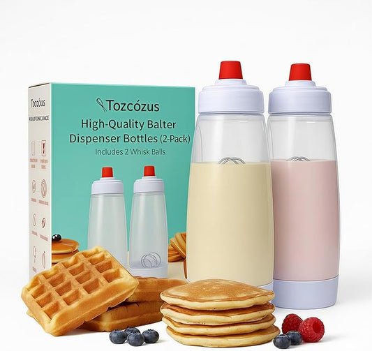 Pancake Batter Dispenser & Mixer/Shaker Bottles, 2-Pack (1000mL Each) – Whisk Ball, No-Drip Silicone Tip, Leakproof, Dishwasher-Safe, BPA-Free – For Pancakes, Waffles, Crepes, Muffins