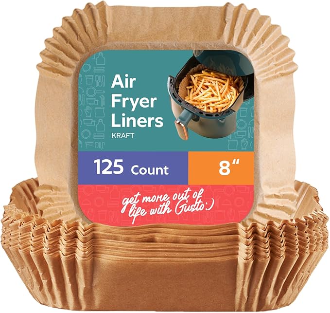 GUSTO [8 Inch - 125 Count] Square Air Fryer Liners Disposable - Non-Stick, Oil & Water Resistant Parchment Paper - Fits 5-8 QT Square Air Fryers, Ovens & More (Formerly Comfy Package)