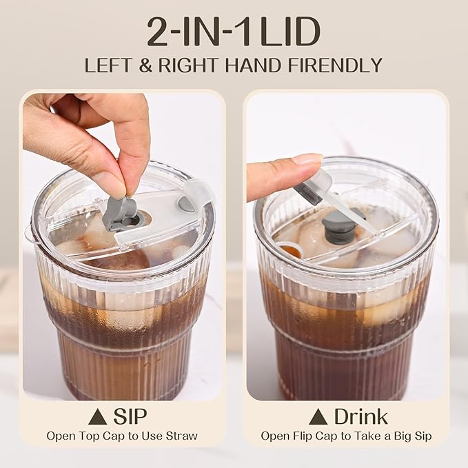 13oz Iced Coffee Cups,4Pcs Glass Cups with Lids and Straws Drinking Glasses,Clear Ribbed Glassware,Reusable Tumbler Glass to Go Cup for Matcha, Iced Tea,Juice