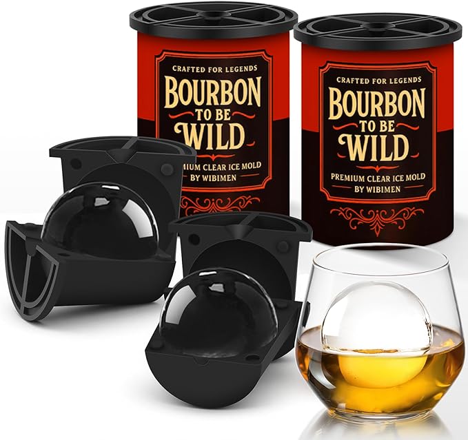 Clear Ice Cube Maker, 2.5" Stainless Steel Crystal Clear Ice Ball Maker, Non-BPA Silicone Ice Cube Molds for Whiskey Easy Release Ice Maker, Bourbon Gifts for Men (Black, 2 PACK-BOURBON)