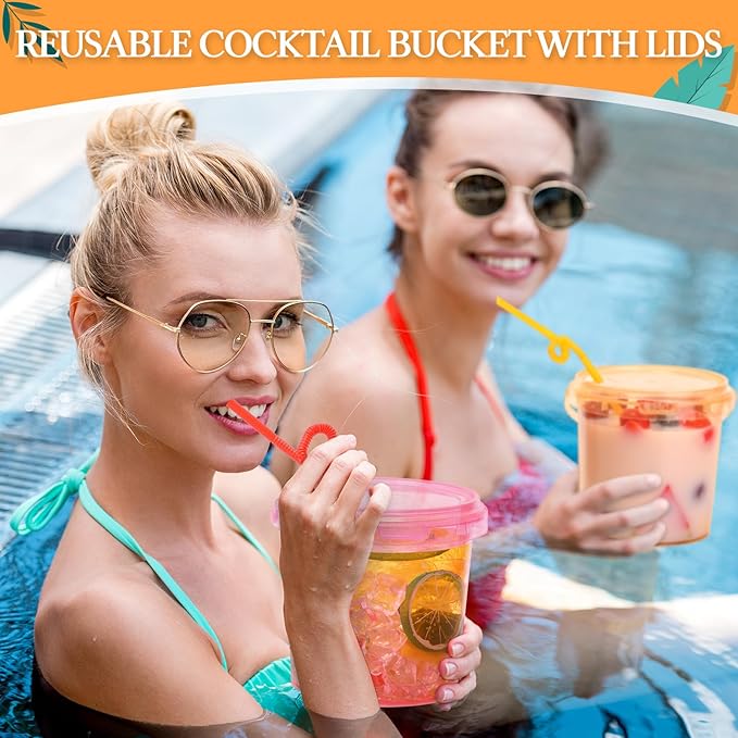 Funnymoom 32 Pack 32 oz Plastic Rum Buckets for Drinks with Straws Ice Cream Cocktail Bucket with Lids and Handles Reusable Food Containers Cup for Parties Summer Beach Bar Beer (Muticolor)