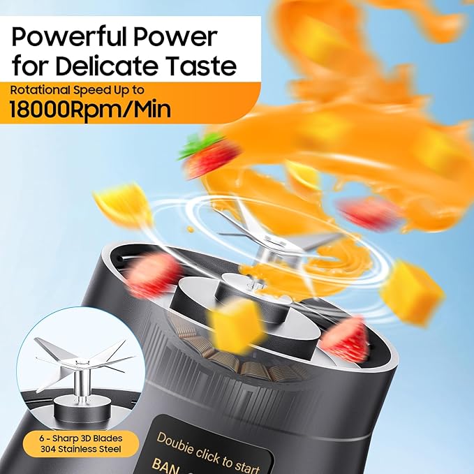Cordless Portable Blender for Smoothies & Shakes - Personal Size Blender Lightweight & Rechargeable, 380Ml BAP Free Juice Cup with 6 Blades, Freshly Squeezed for Sports/Picnic