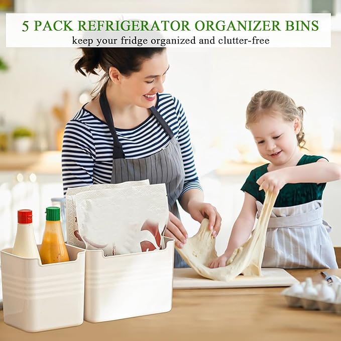 5 Pack Refrigerator Organizer Box, Plastic Refrigerator Side Door Storage Containers, Space-Saving Organizer Bins for Refrige, Refrige Drawers for Fruit and Vegetable (White, S×3+L×2)