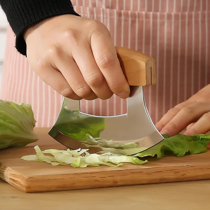 Alaskan Ulu Knives Pizza Cutter Chopper Slicer for Salad Vegetables Meat Chopping Mincing with Wooden Stand Arthritic Tool 5x4in (2)