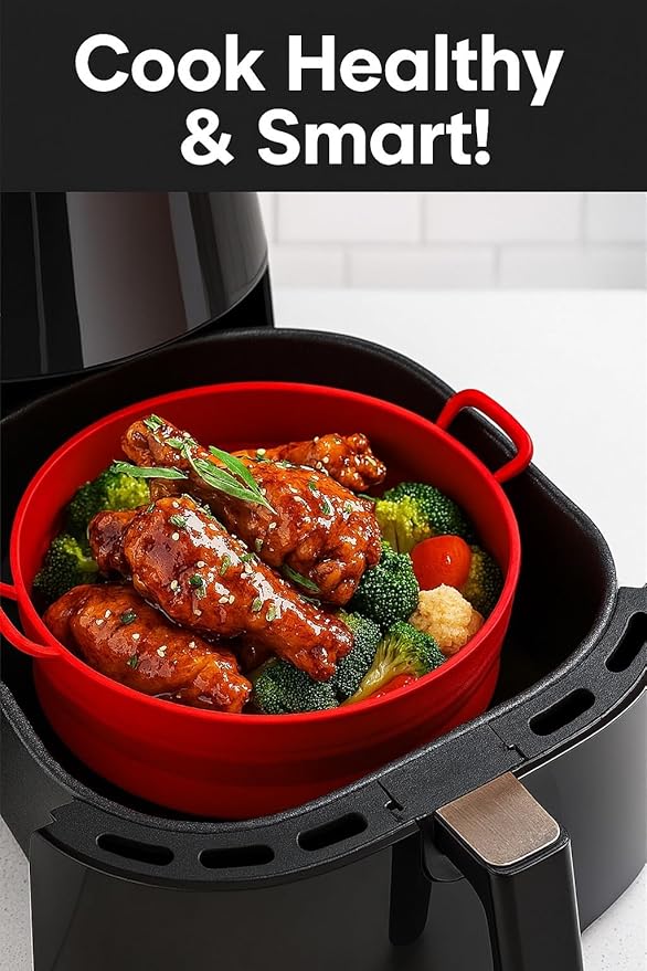 Silicone Air Fryer Liner 8.6" Round for 5–8 QT, No Divider, Reusable Non-Stick Collapsible Pot Liner, Dishwasher Safe, Heat-Resistant 446°F, GRAY, 1 Pack