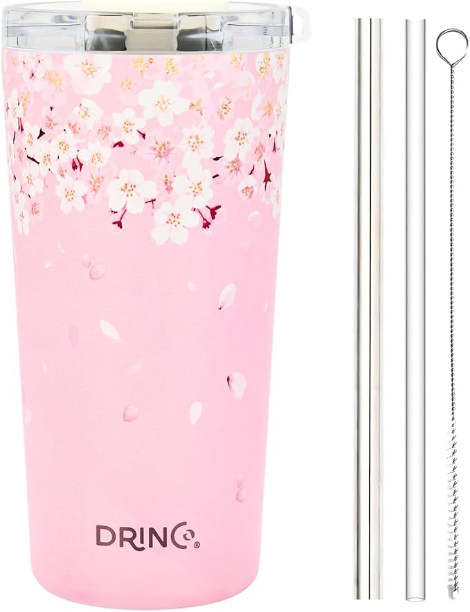 Drinco - 20 oz Stainless Steel Tumbler | Double Walled Vacuum Insulated Mug With Lid, 2 Straws, For Hot & Cold Drinks (20oz Sakura)
