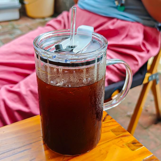 20oz Glass Tumblers with Lids and Straws - Stylish Vintage Ribbed Design for Iced Coffee, Juice, Smoothies, Milkshakes, Cold Beverages & Whiskey Cocktail Beer (Thick Inner Ridge)