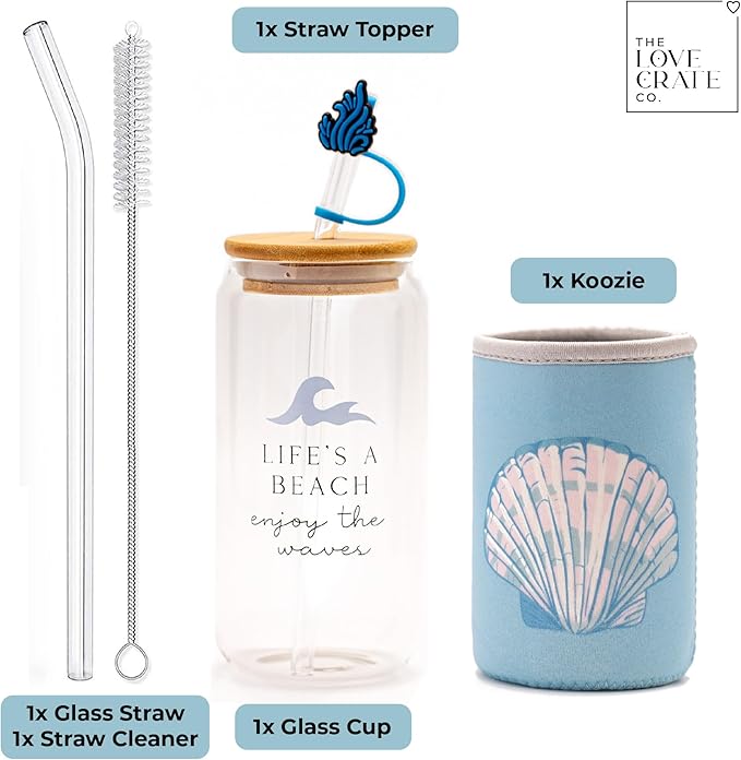 The Love Crate Co. Ocean Gifts for Women - Glass Tumbler with Lid and Straw, Customized Straw Stopper and Cup Sleeve, Aesthetic Unique Design Iced Coffee Gift Cup for Mom, Teacher, Friend