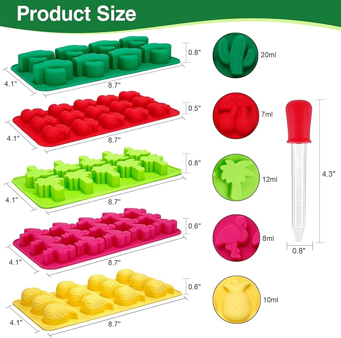 Fewo 5 Pack Hawaiian Tropical Themed Ice Cube Tray Summer Silicone Molds for Chocolate Candy Gummy Fruit Snack Fat Bomb Jello Mini Soap Crayon Melt (Cactus Pineapple Flamingo Coconut Tree Cherry)