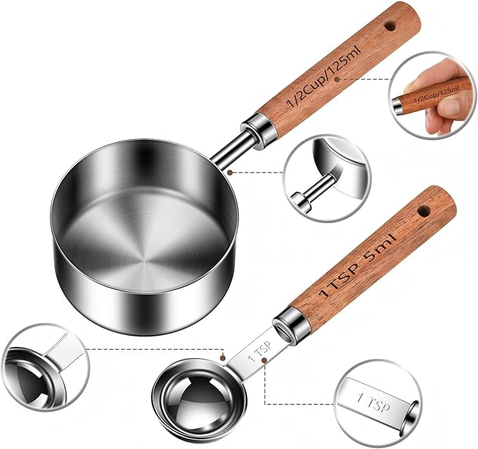 Stainless Steel Measuring Cups and Spoons Set of 8, Stackable Wooden Handle Metal Measuring Cup & Spoon Set with Metric & US Measurements, Rustic Farmhouse Kitchen Gadgets for Dry & Liquid Ingredients