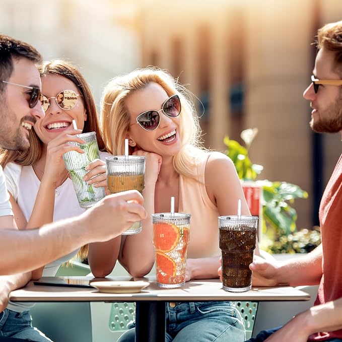 20oz Ribbed Glass Cups with Lids and Straws,4PCS Glass Tumbler with Straw and Lid, Iced Coffee Cups Drinking Glasses for Juice,Smoothies,Cocktail