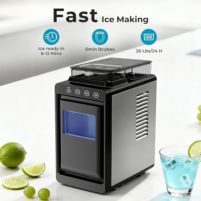 Antarctic Star Countertop Ice Maker, 26lbs/24H Ice Machine, Self-Cleaning Portable Ice Maker with 1.1lb Storage, 8 Bullet Ice in 6 Mins, Compact Ice Maker for Home/Office/Outdoor, Black