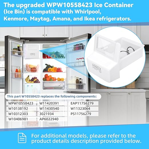 Upgraded WPW10558423 Ice Container (Ice Bin) Compatible with Whirlpool, Kenmore, Maytag, Amana, and IKEA refrigerators