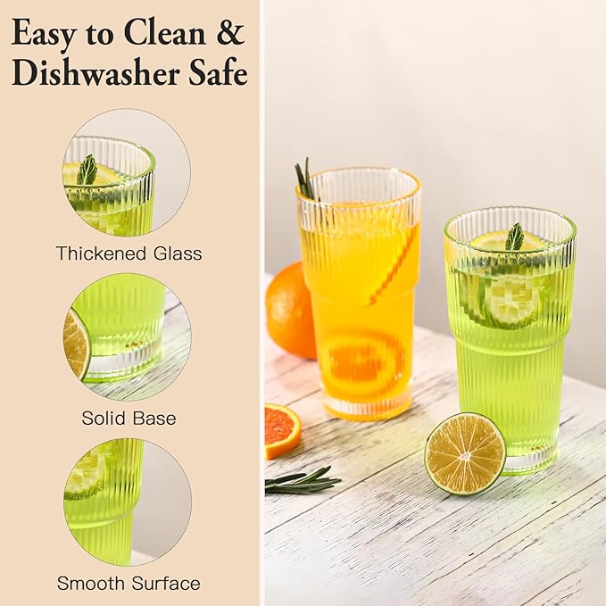 4PCS Ribbed Glass Cups with Lids and Straws, 20oz Vintage Drinking Glasses, Aesthetic Iced Coffee Cups, Glass Tumbler for Boba, Beer, Tea, Cocktails, Ribbed Glassware Set,Clear