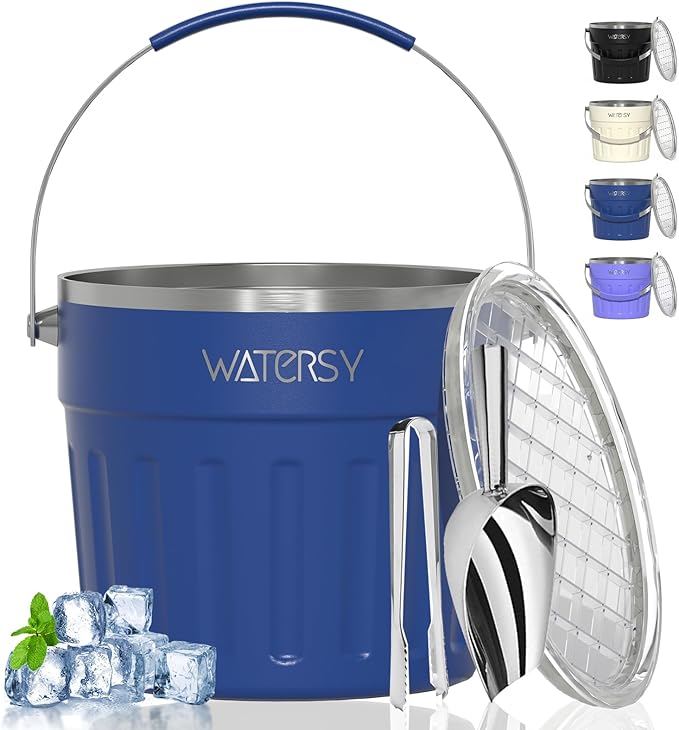 WATERSY Insulated Ice Bucket（8 Quart / 7.6 L） with Lid, Scoop, Ice Tong，Wall Vacuum Stainless Steel, Blue