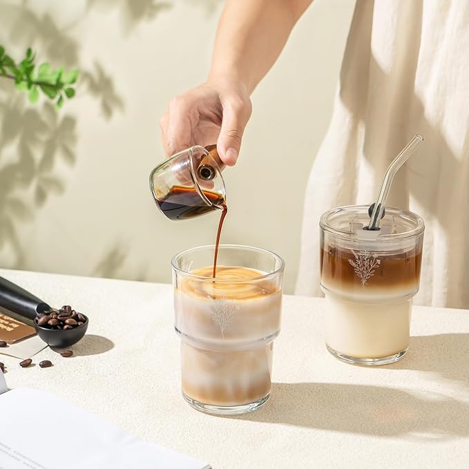 Olvini 13oz Glass Tumbler with Straw and Lid, Reusable Iced Coffee Cup Tumbler, Cute Glass Cups for Water, Matcha, Travel Coffee Mugs (Wildflower- 13oz)