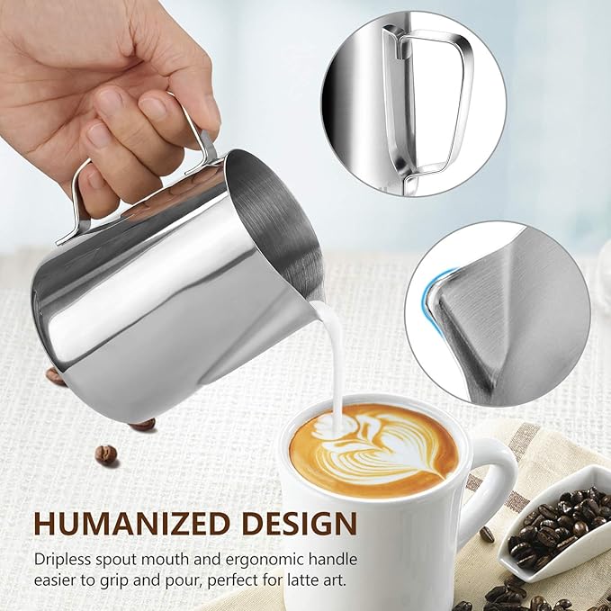 HOOMIL Milk Frothing Pitcher, 12oz/20oz/32oz Stainless Steel Steaming Pitcher Barista Milk Frother Cup Jug for Espresso Machine Coffee Cappuccino Latte Art - 20oz