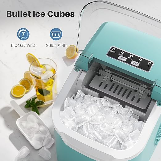 Crzoe Ice Makers Countertop with Handle, 2 Sizes of Ice, 8 Bullet Ice Cubes in 6 Mins, 26Lbs/24H, Portable Ice Maker with Self-Cleaning, Ice Machine for Home&Kitchen&Office&Party(Green)