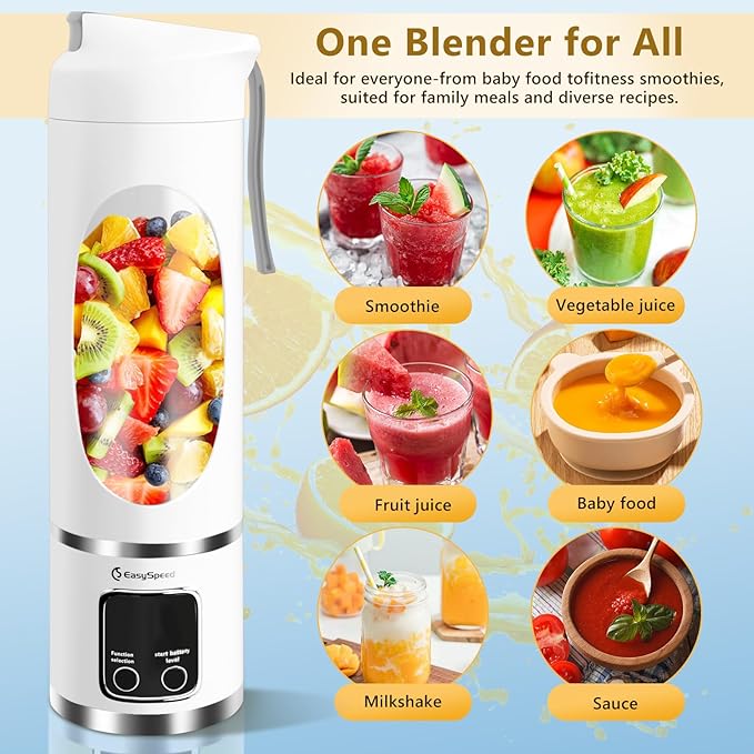 EASYSPEED Portable Blender Electric USB-C, 500ML Personal Juicer for Shakes and Smoothies, 12 Blades, 1500mAh Rechargeable, BPA Free, 18oz Small Blender with Leakproof Lid & Sip Spout, Mixing, Compact