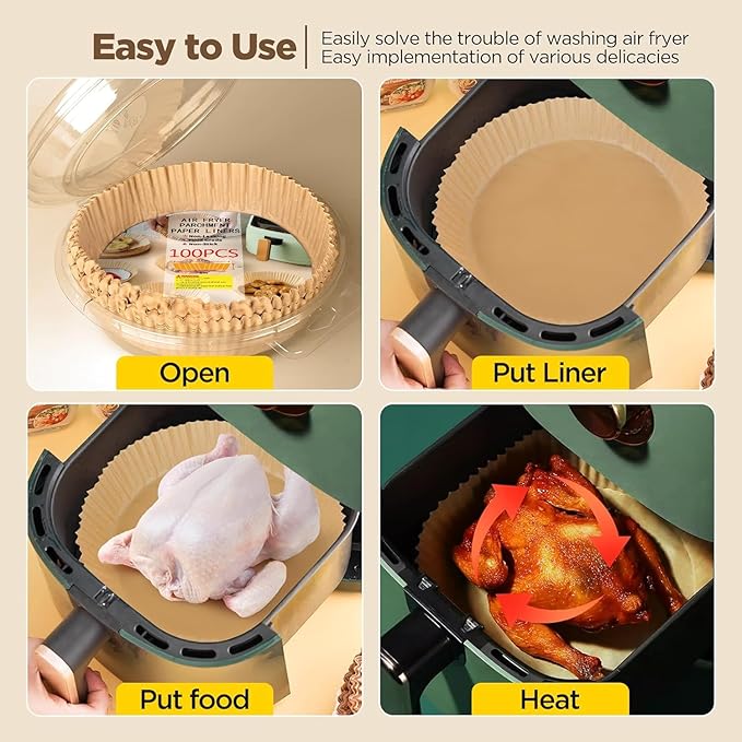Air Fryer Liners Disposable, 100pcs Air Fryer Liners, Non-Stick Oil Resistant Air Fryer Parchment Paper Liners, 8 Inch Round Airfryer Liners Waterproof Oilproof For 5-8 Qt Airfryer Basket, Baking