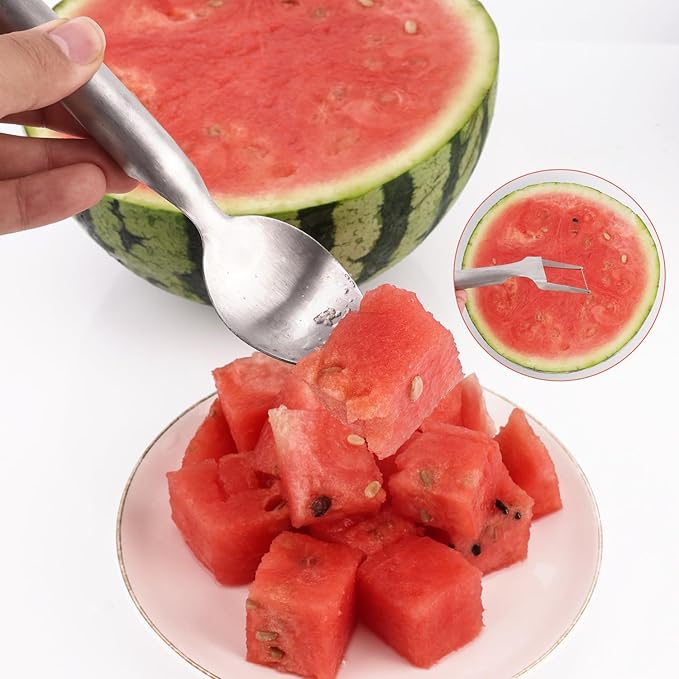 2 Pcs 2-in-1 Watermelon Fork Slicer Cutter, Stainless Steel Fruit Slicer Tool Multifunctional Portable Water Melon Cube Cutter Fruit Fork for Family Gathering Picnic Camping Home Kitchen Gadgets
