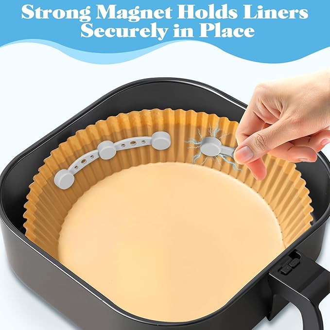Air Fryer Magnet Silicone Buckles for Parchment Paper – 2 Pack Reusable Accessories for Disposable Basket Liners, Secure Baking Paper, Prevent Shifting & Burning (Grey)