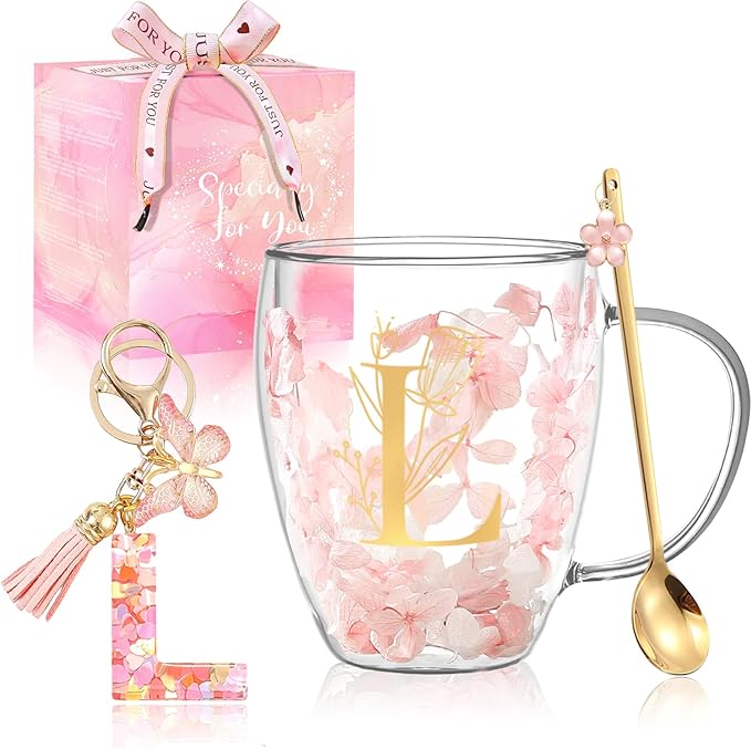 Personalized Gifts for Women Flower Double Wall Cute Novelty Monogrammed Glass Coffee Mug Tea Cup with Spoon Customized Wedding Favors Unique Christmas Birthday Gifts for Bride Wife Friends Sisters(L)