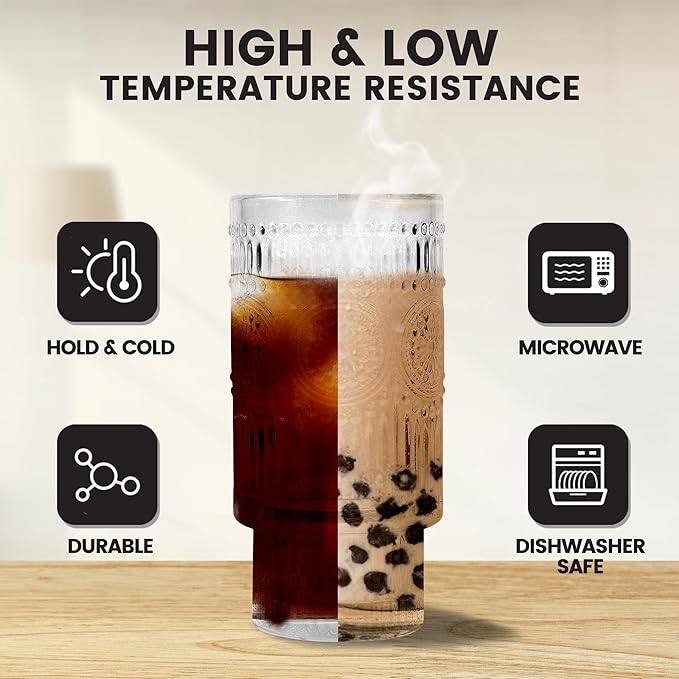 16oz Glasses Cups with Bamboo Lids Straws Brush Vintage Glass Tumbler Set for Mojito Iced Coffee Beer Cocktail Whiskey(Mixed)