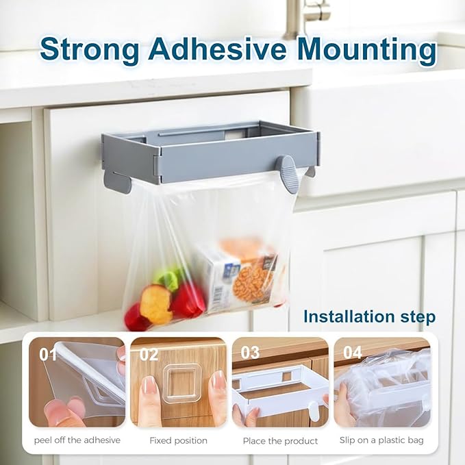 2Pcs Foldable Trash Bag Holder, No Drill Adhesive Hanging Rack for Kitchen Cabinets/Doors, Space-Saving Collapsible Plastic Waste Bag Hanger