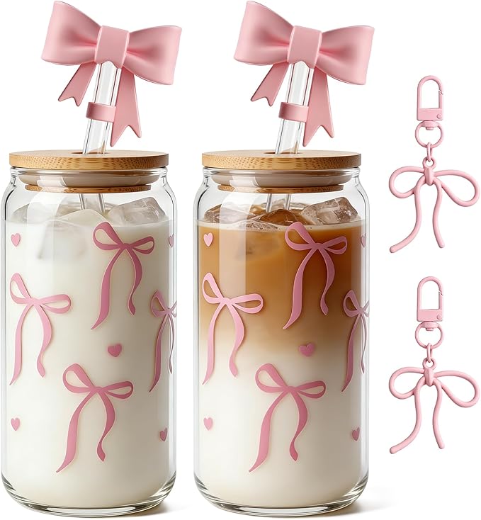 Mason Life 2Pack Bow Glass Cup 18 OZ with Designs, Pink Bow Cup for Preppy Stuff, Cute Tumbler with Straw Cover & Keychain for Women Teen Girls Iced Coffee, Matcha and Smoothies
