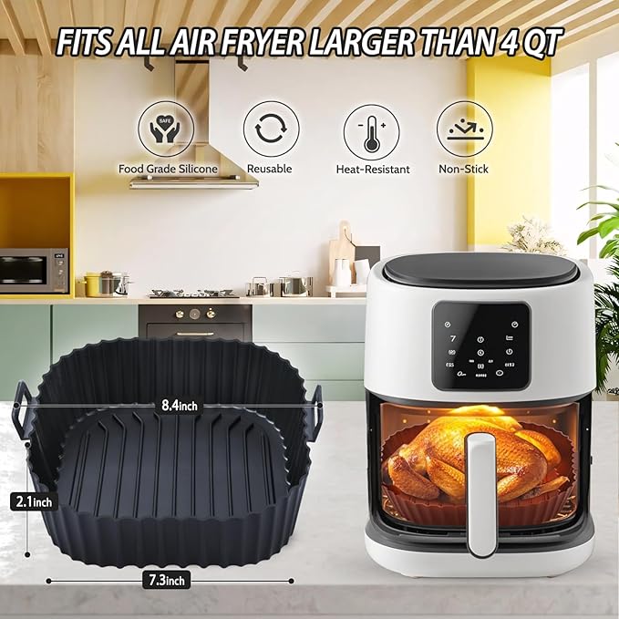 Komzon Silicone Air Fryer Liners Reusable 3 PCS, Airfryer Liners, Silicone Air Fryer Basket Liners Square, Food Grade AirFryer Accessories 4-7 QT, Ktchen Gadgets for Pot Oven Liner Baking Tray Pan