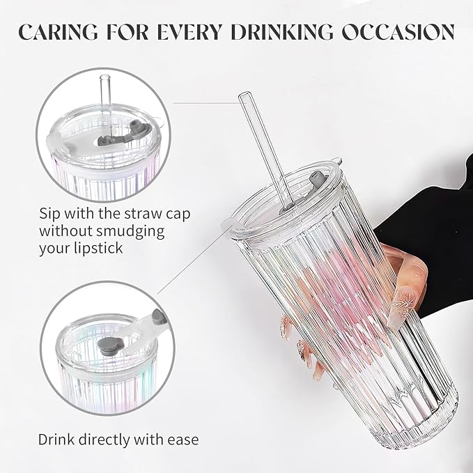 Puraville 2 Pack 18oz Glass Cups with Lids and Straws, Vintage Ribbed Striped Thickened Glassware for Whiskey Cocktail Beer, Mason Jar Drinking Glasses Tumbler Iced Coffee Cup, Rainbow