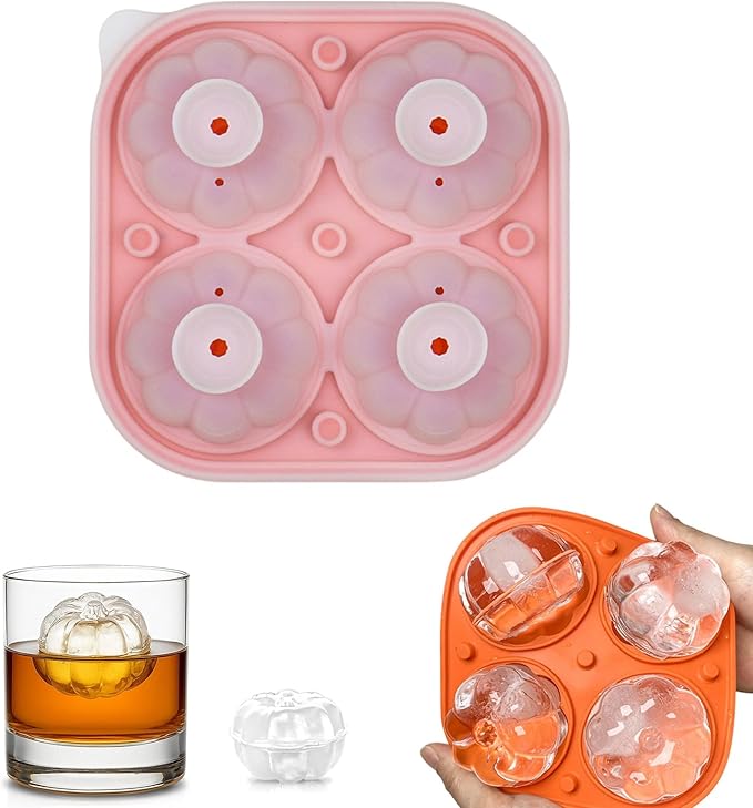 Orange 3D Pumpkin Ice Cube Tray for Freezer, Halloween Pumpkin Ice Cube Mold, Fall Pumpkin Silicone Ice Tray with Lid, Whiskey Cocktail Ice Molds for Autumn Thanksgiving Party, Bar Beverages Decor