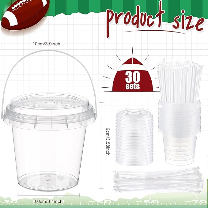 Funnymoom 30 Set Football Clear Plastic Cups with Lids & Straws 24oz Disposable Rum Drink Buckets Bulk for Cocktail Parties with Handles & Stickers for Holiday Birthday Beach Pool Party Supplies