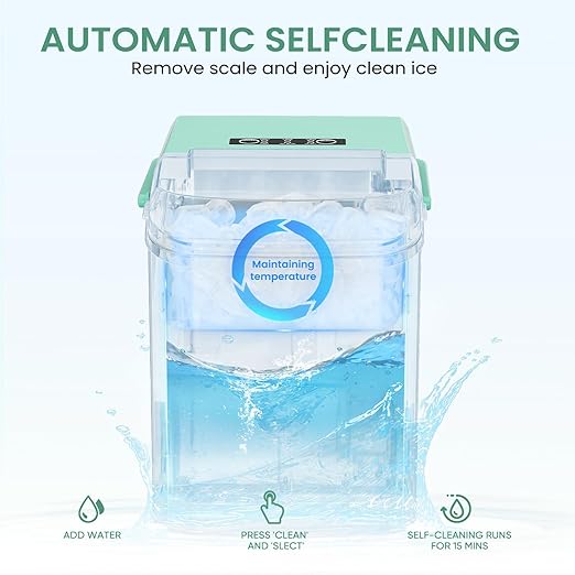 Ice Makers Countertop, Portable Ice Machine with Handle, 6 Mins 9 Bullet Ice Cubes with Basket and Scoop, 26lbs in 24Hrs, Auto-Cleaning, for Home, Kitchen, RV, Camping, Green