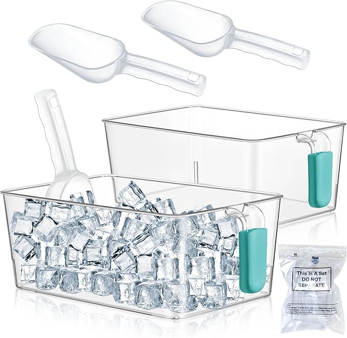 Havawish Ice Storage Bin and Flexible Scoop Set Plastic Freezer Bin with Pull out Handle Storage Bucket Clear for Container with Scoop(Blue,10.83 x 7 x 4.33 in,Classic)