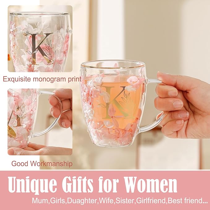 Personalized Gift for Women Double Wall Flower Glass Coffee Mug Tea cup With Spoon Monogrammed Customized Gifts Christmas Valentine Mother's Day Birthday Gifts for Mom Her Wife Friend Bride Sister(K)