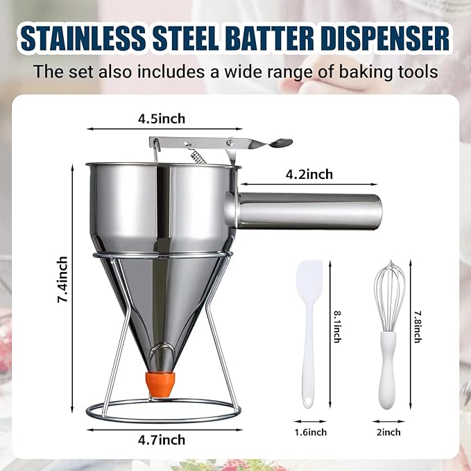 20 oz Pancake Batter Dispenser Stainless Steel Multi Caliber Nozzle with Squeeze Handle and Stand for Pancakes Cupcakes Funnel Cakes Waffles Baked Goods