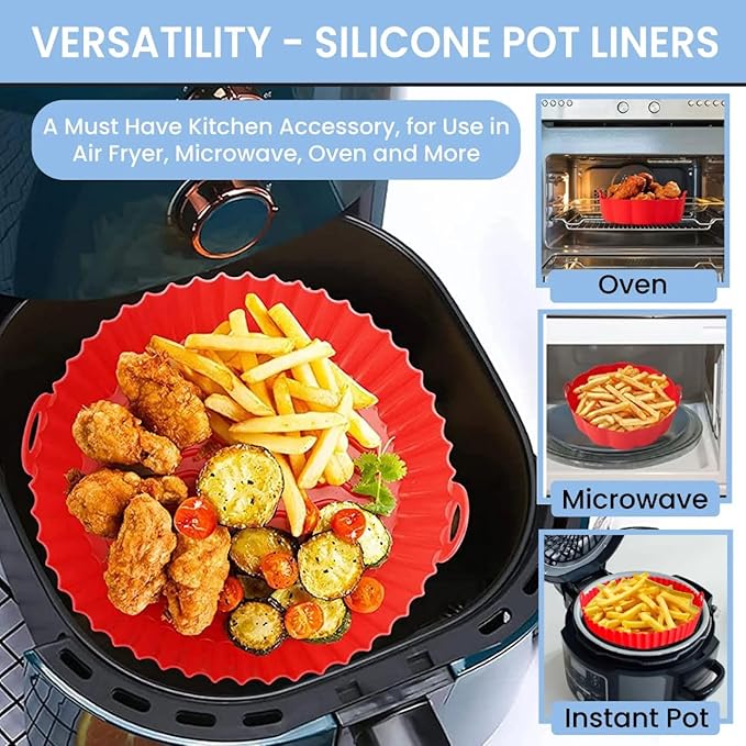 Air Fryer Silicone Liners Pot for 3 to 5 QT, 2 Pack 8.1-inch, Replacement of Flammable Parchment Paper Liners, Food Grade Reusable Baking Tray, Non-Stick, Heat-proof Gloves, Red+Blue (Nola Hut)