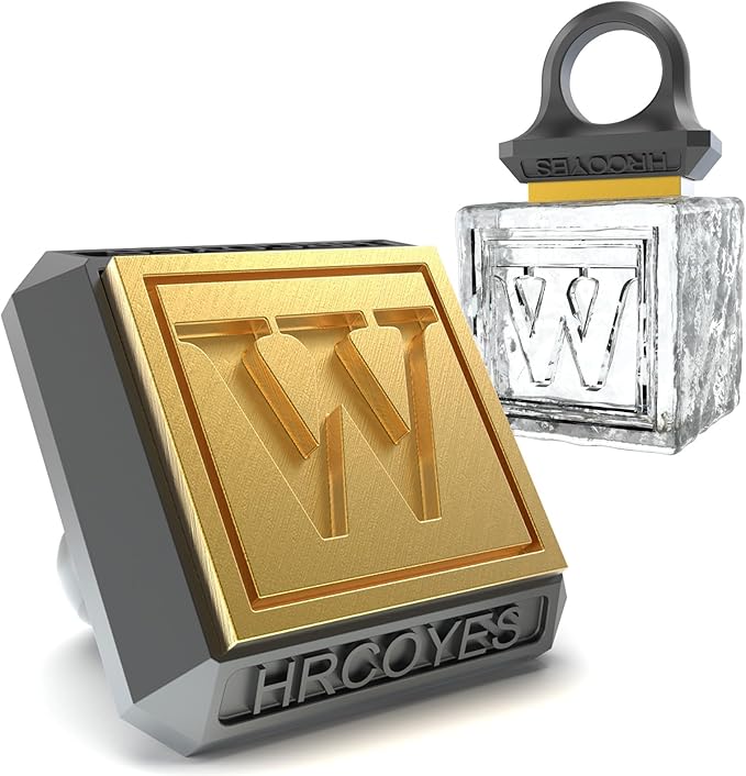 Square Ice Stamp Ring – 3 mm Brass Personalized Cube & Sphere Press, Ready-to-Gift Clear Acrylic Christmas Box, Custom Letter/Pattern Imprint for Whiskey & Cocktails (Letter W)