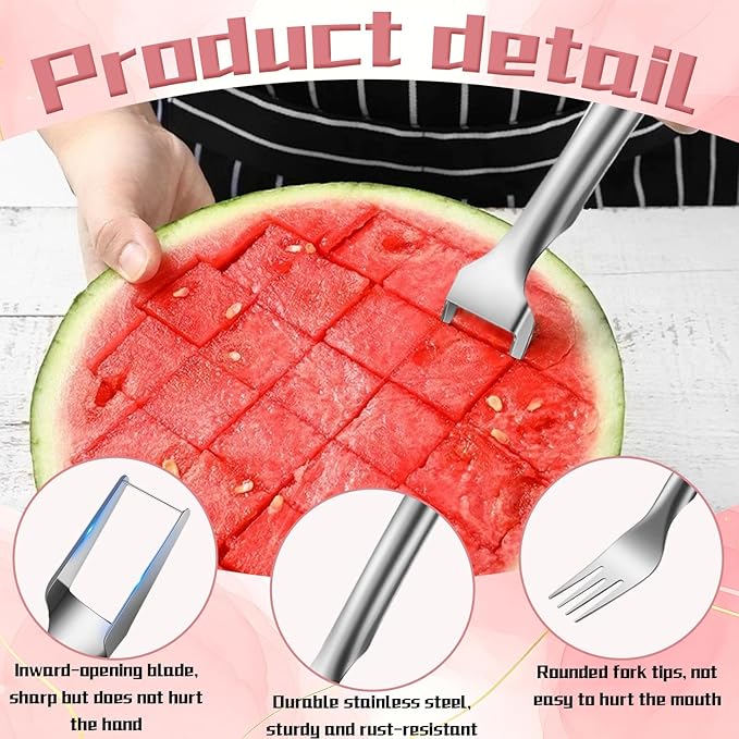 2-in-1 Watermelon Fork Slicer Cutter, Dual Head Watermelon Cube Cutter, Multipurpose Fruit Cutting Knife Summer Stainless Steel Watermelon Slicer for Kitchen Gadgets, Parties, Camping