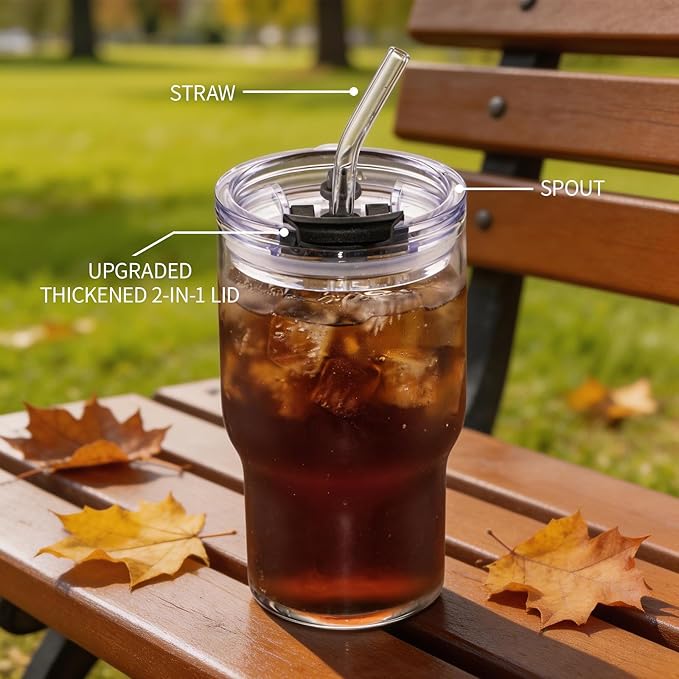 BLUEPOLAR 470ml/16oz Ribbed Glass Tumbler with Straw and Lid, BPA-Free Reusable Iced Coffee Cups with Lids, Thickened Coffee Tumbler for Office/Travel/Car (18oz)