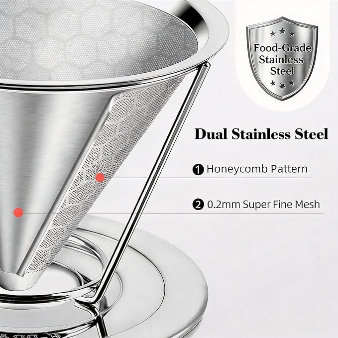 Vikuces®800 Mesh Reusable Pour Over Coffee Dripper, Metal Stainless Steel Honeycomb Filter, Paperless Cone Filter for Hario V60, Chemex and Mugs with Separate Stand, Single Cup Coffee Maker, 1-4 Cup