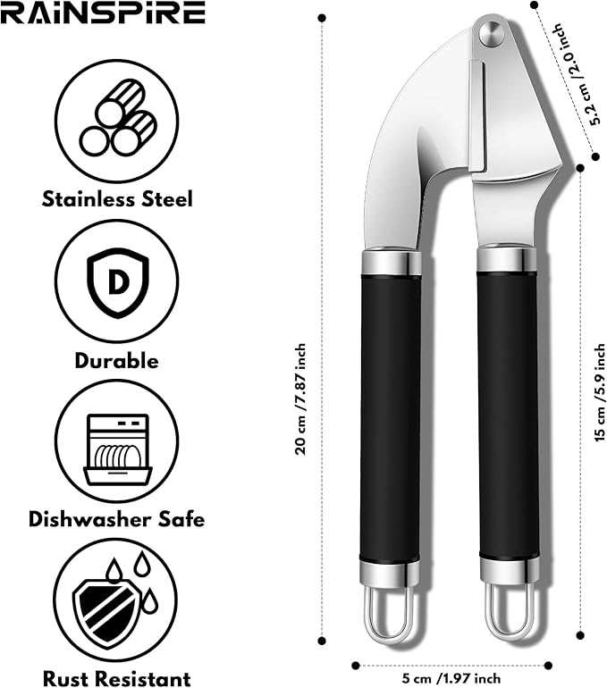 Rainspire Premium Garlic Press Stainless Steel, Garlic Mincer Tool, Garlic Crusher Tool, Garlic Smasher Garlic Masher Includes Silicone Garlic Peeler & Cleaning Brush, Dishwasher Safe (Black)